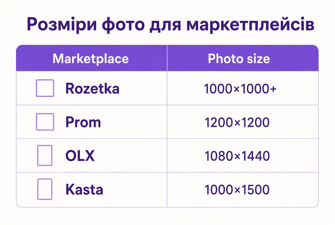 Таблиця розмірів фото: Rozetka 1000×1000, Prom 1200×1200, OLX 1080×1440, Kasta 1000×1500